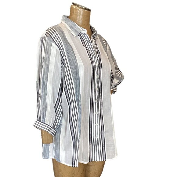 Peter Nygard Balloon Sleeve Button-Up Metallic Stripe Top M/L Gray Silver 295i - Picture 3 of 9